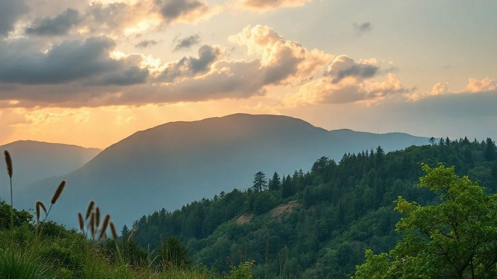 A breathtaking, panoramic vista of a serene, mist-shrouded mountain range at dawn